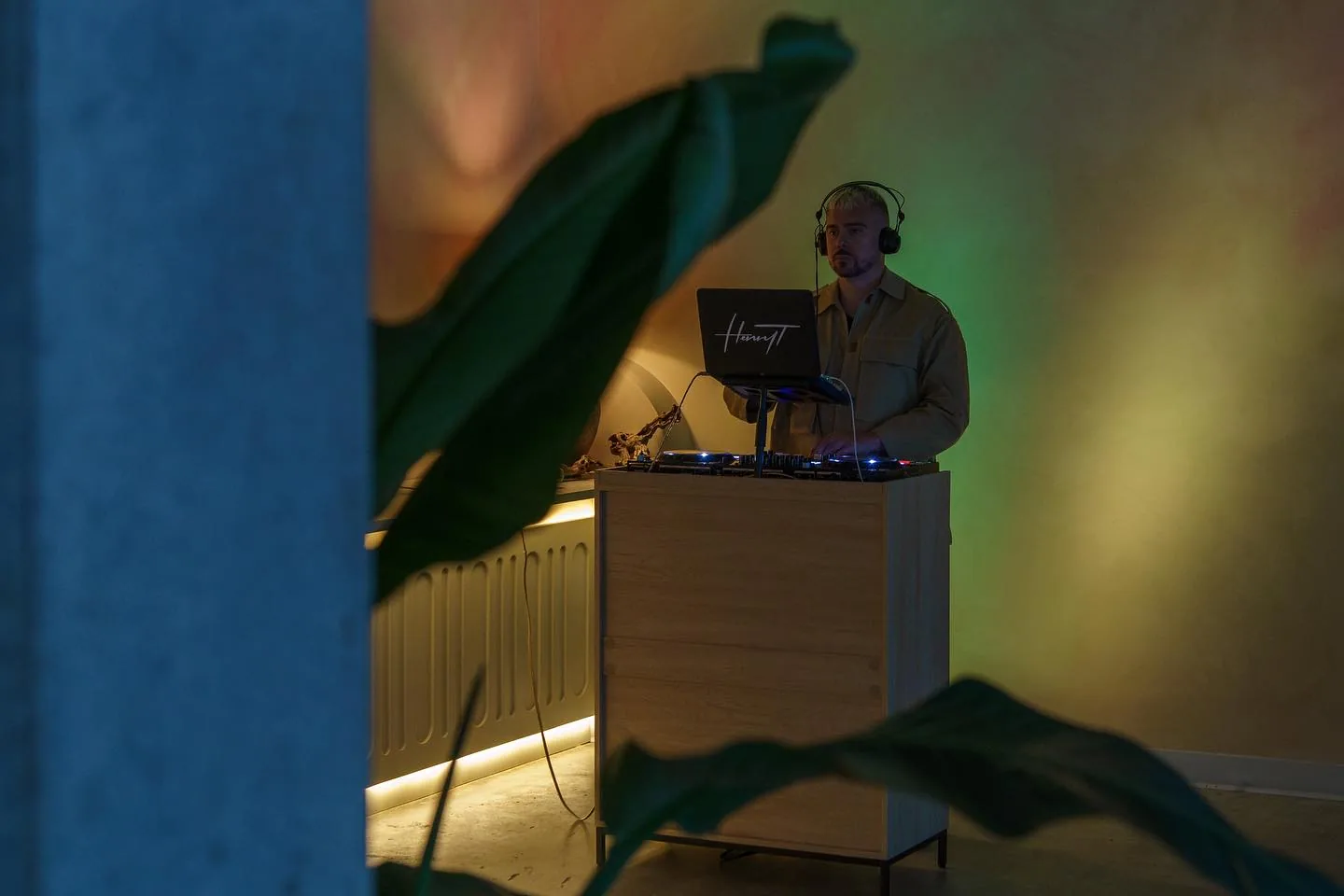 A DJ playing in a dining room, behind a plant