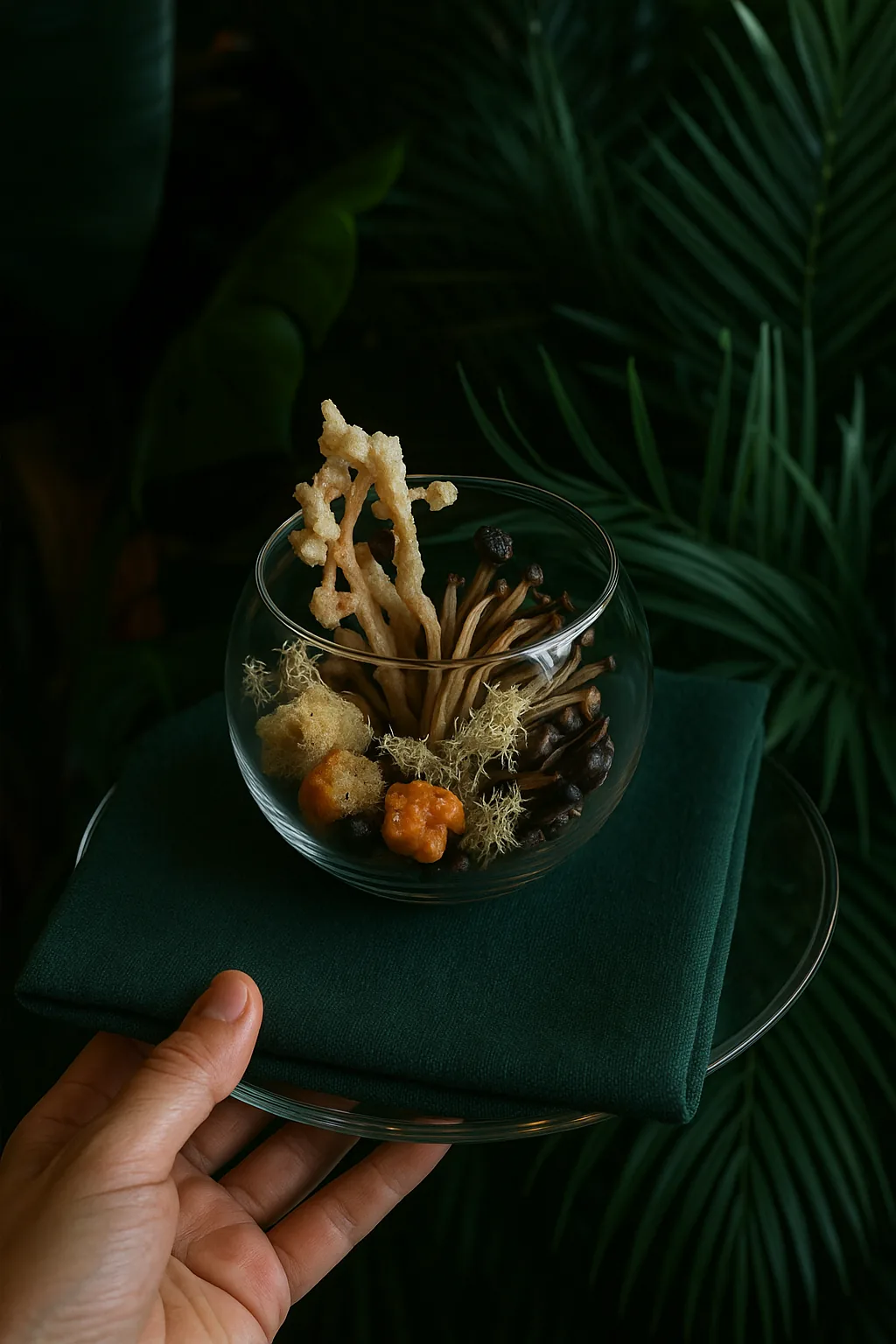 A glass dome on green velvet, held out on a hand