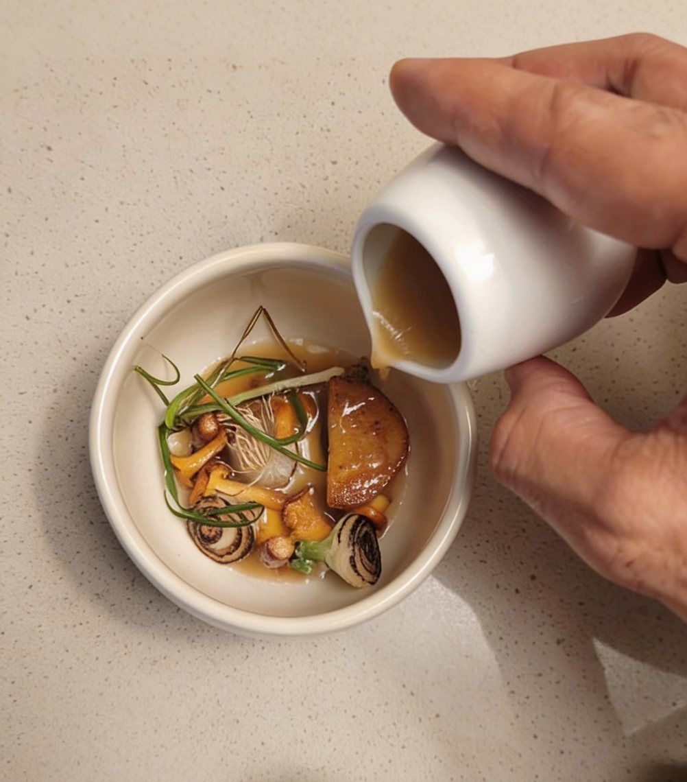 A hand pouring broth into a small bowl